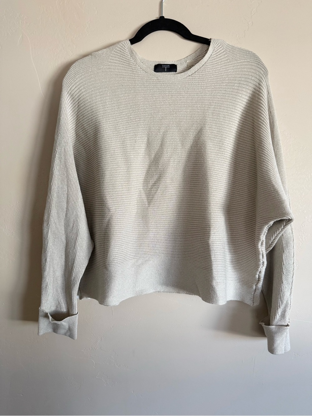 Tahari Light Gray Ribbed Crewneck Sweater